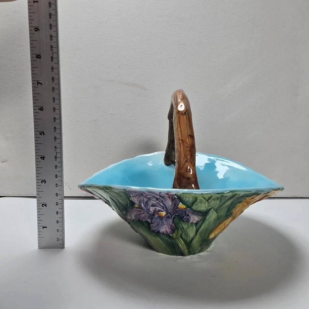 Majolica Iris Basket Made in Italy Ceramic Basket Floral Iris Branch Vintage VTG
